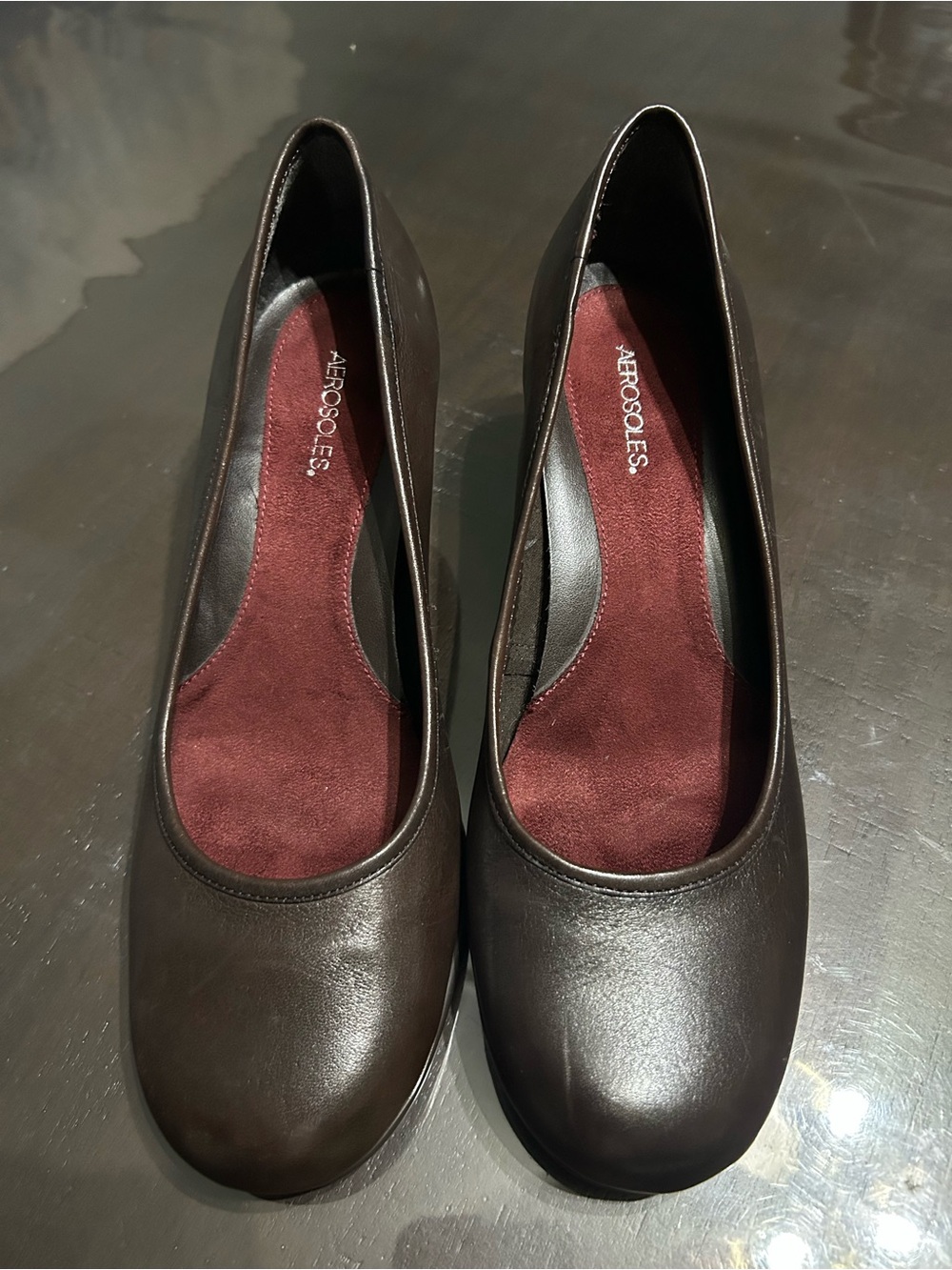 AEROSOLES Dark Brown Leather Round-Toe Flats with Burgundy Insole
